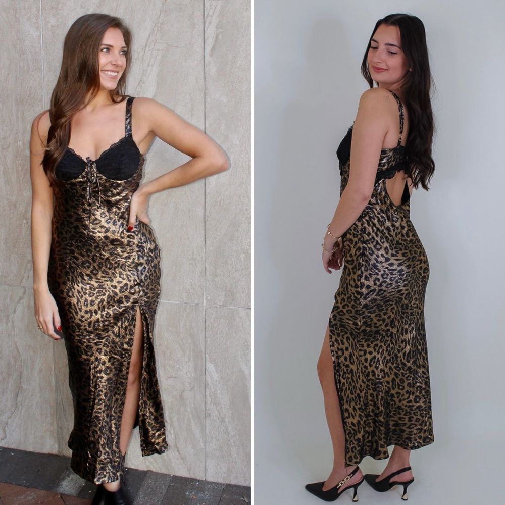 Bailey Rose Metallic Leopard Print Lace Cut-out Dress M